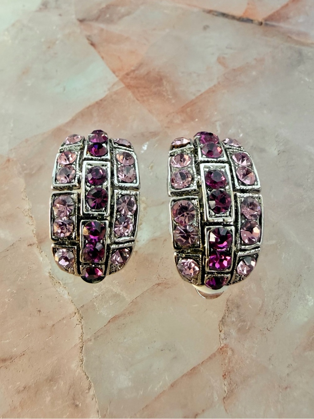 Lattice Frame Pink and Purple Rhinestone Silver Tone Bling Clip-On Earrings - Picture 4 of 7